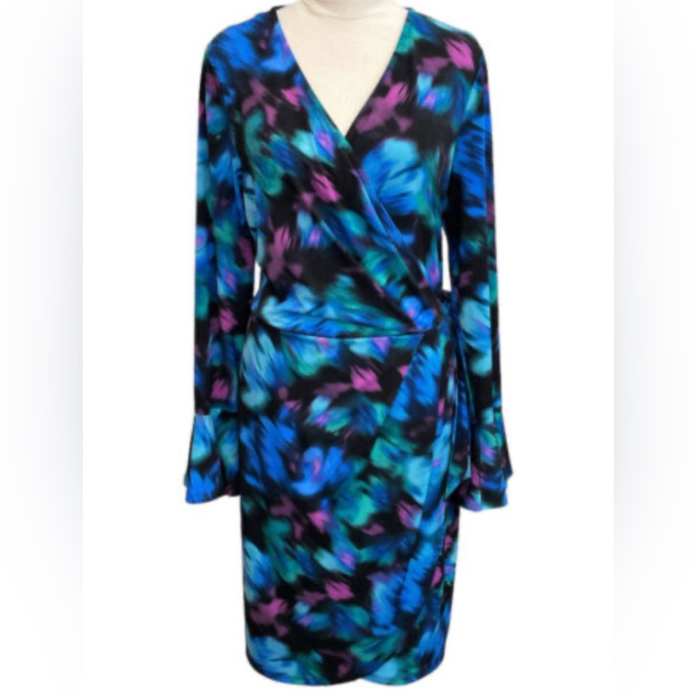 London Times Blue, Green, Violet Abstract Print V-Neck Stretch Wrap Dress Size 8